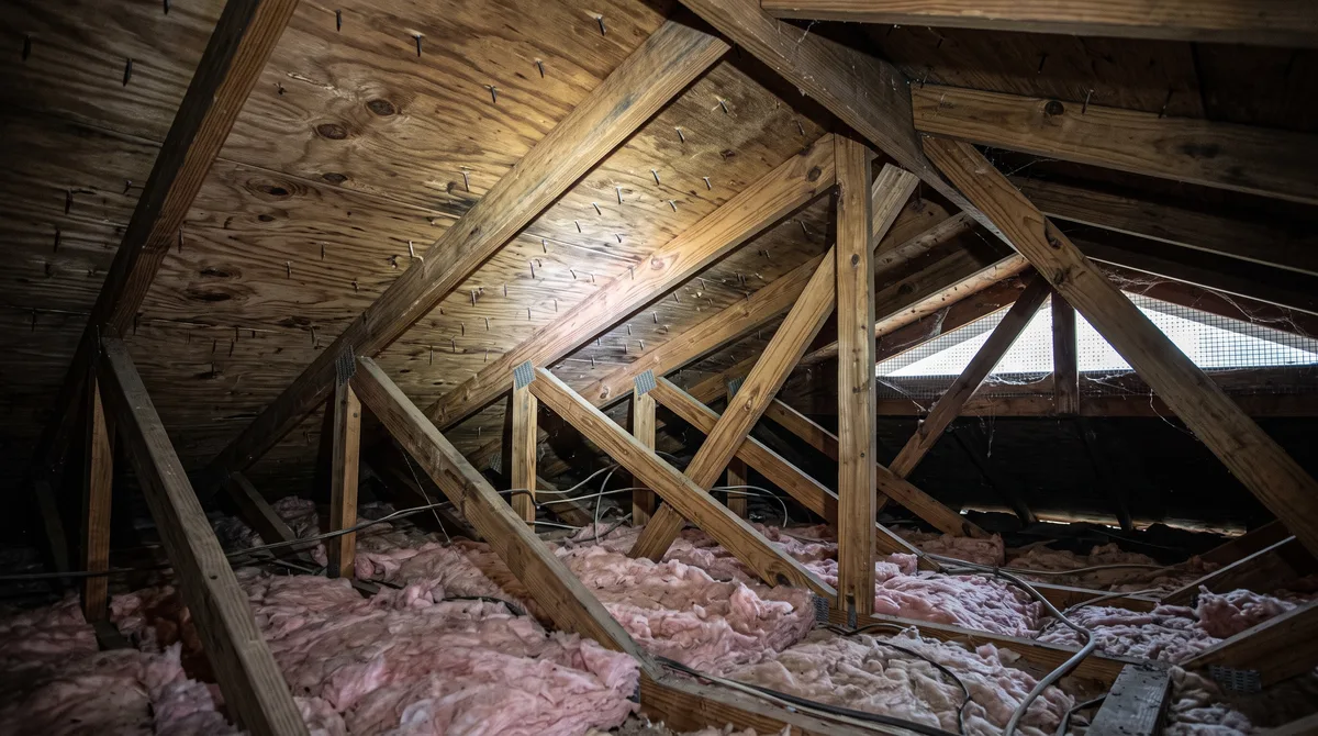 Underside of plywood roof decking and wood trusses inside a Florida attic, with nail points visible through the sheathing above pink fiberglass insulation