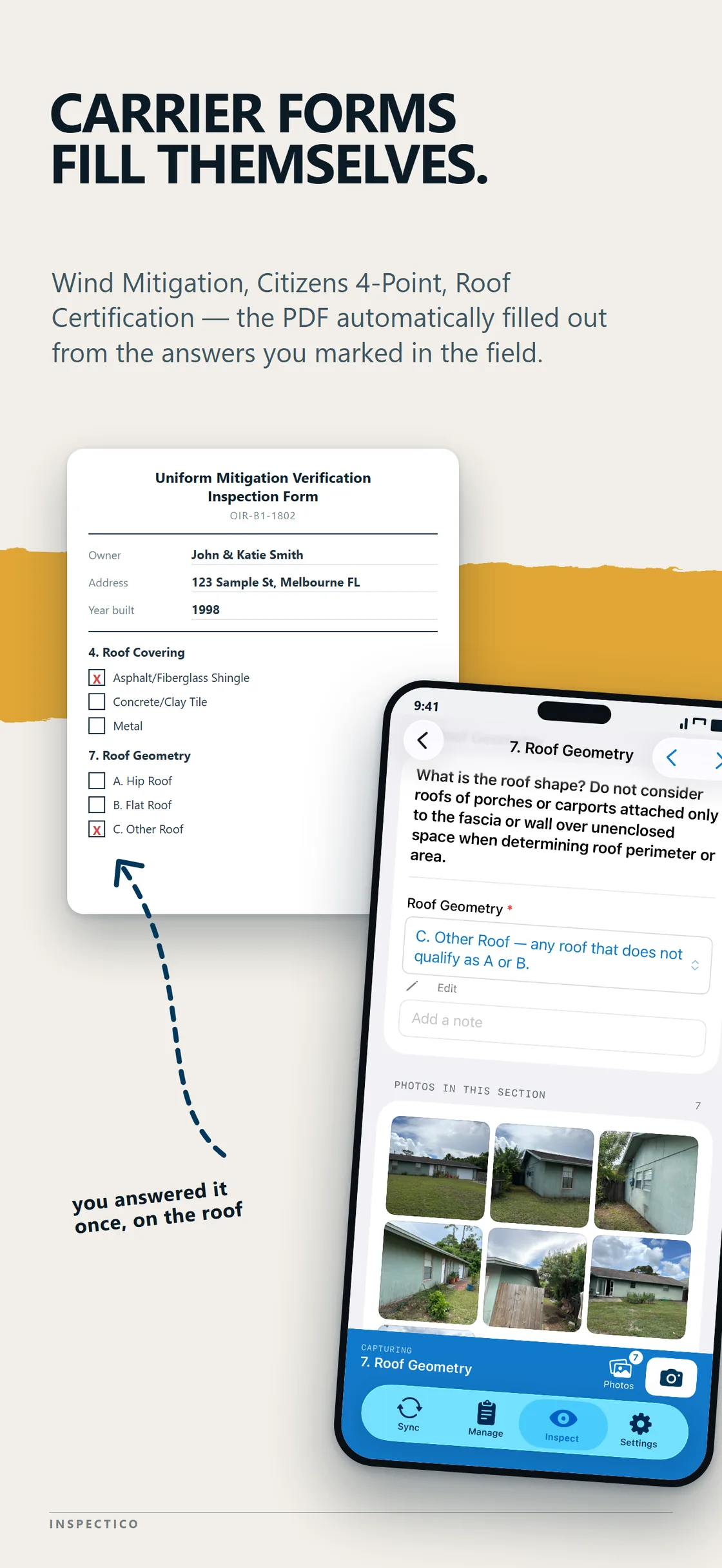 The Uniform Mitigation Verification Inspection Form OIR-B1-1802 filled out automatically from answers captured in the Inspectico iOS app on site