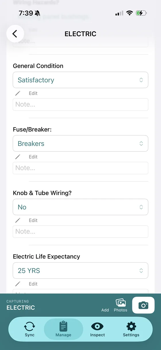 Inspectico iOS app electrical section with condition, breaker type, knob and tube wiring, and life expectancy fields filled in