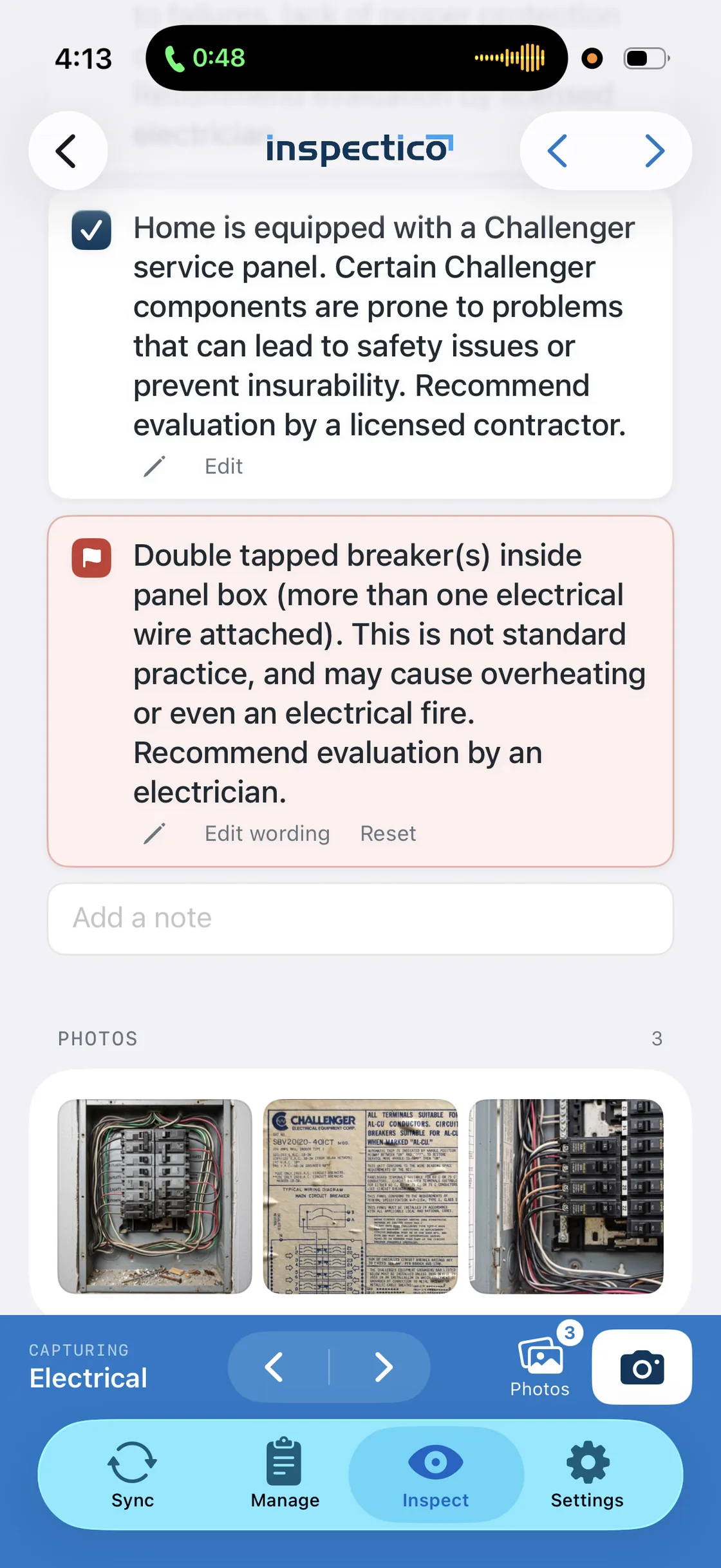 Inspectico iOS app electrical section showing a Challenger service panel note and a double-tapped breaker flagged as a concern, with three panel photographs attached