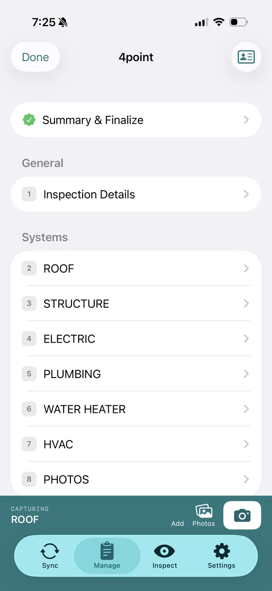 Inspectico iOS app showing the 4-point inspection section list — roof, structure, electric, plumbing, water heater, HVAC, and photos