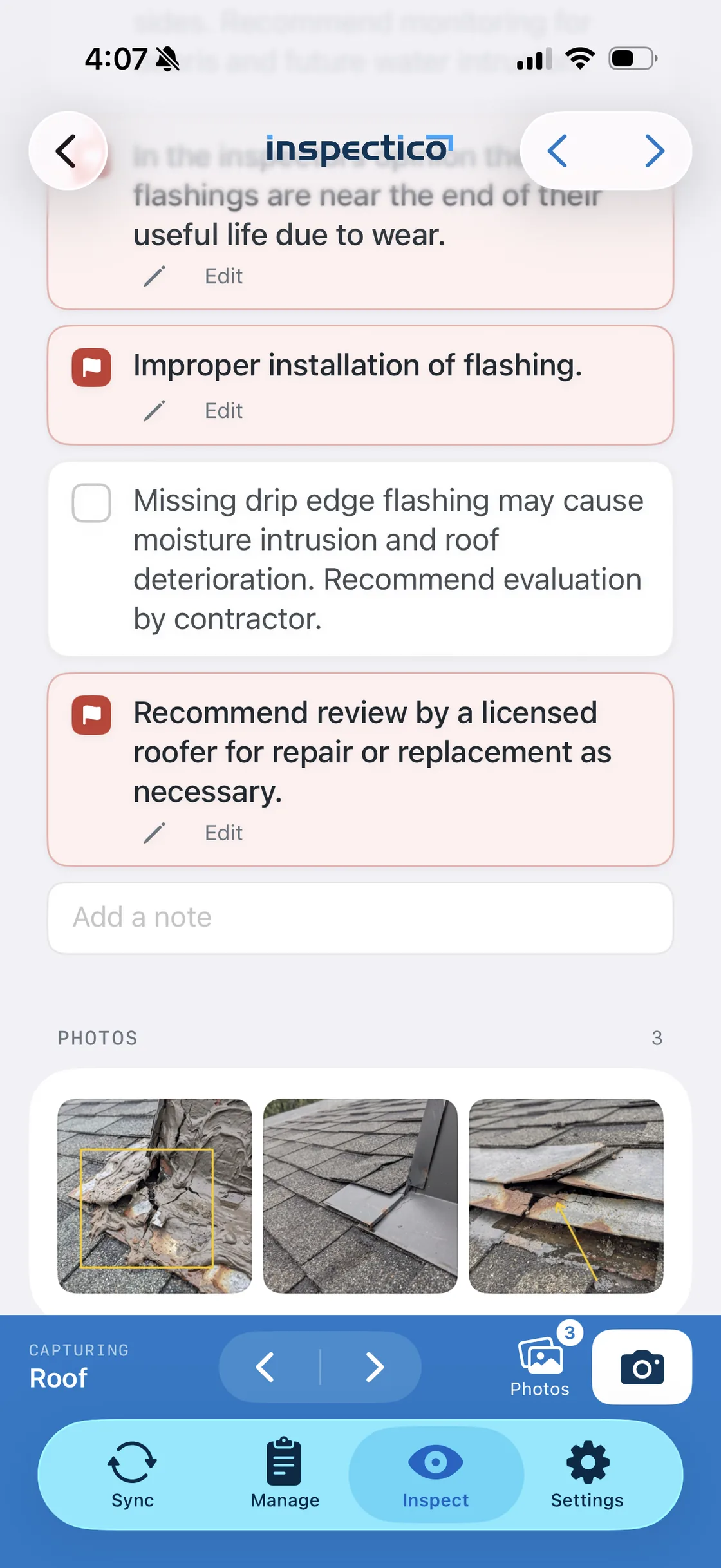Inspectico iOS app roof section showing pre-written findings about worn and improperly installed flashing, two of them flagged as concerns, with three annotated roof photographs attached