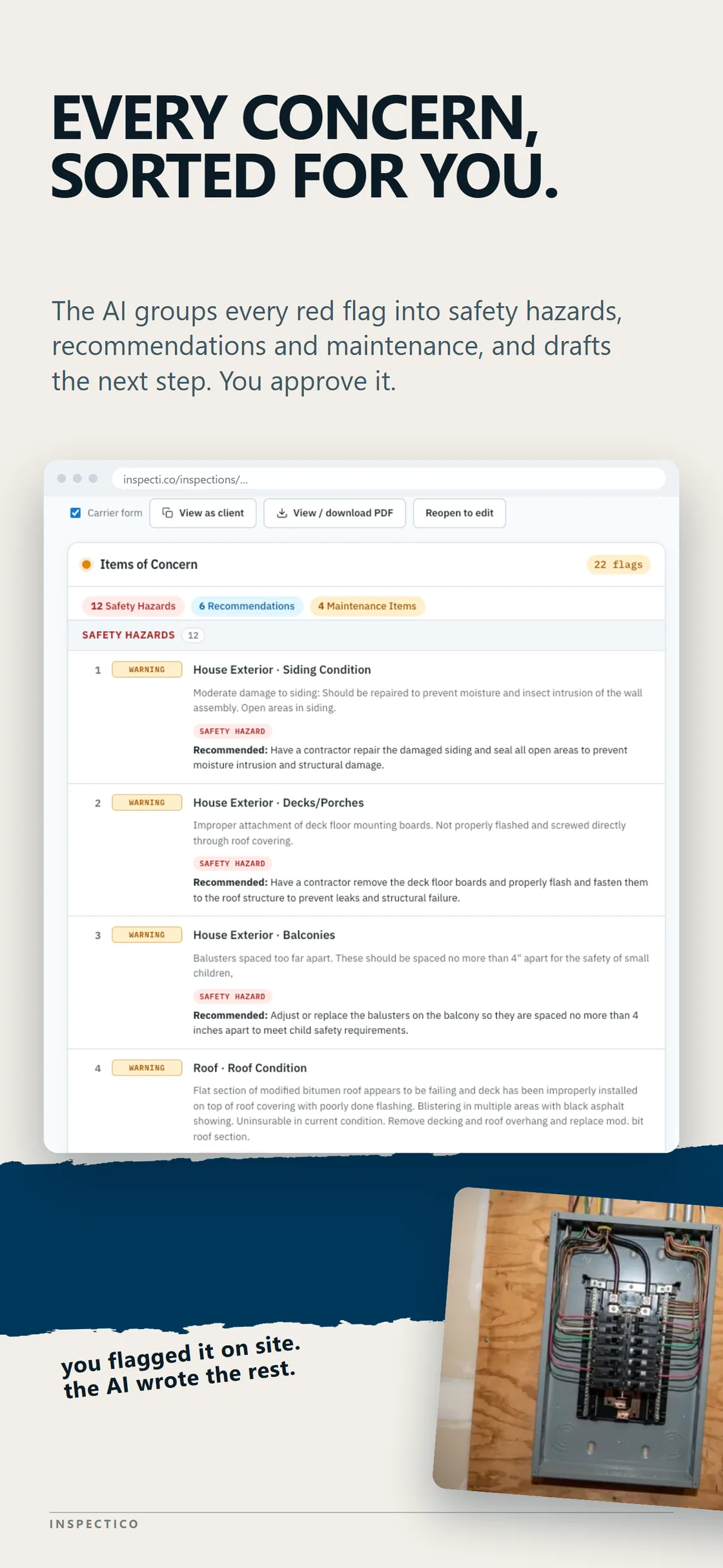 Inspectico web interface showing the Items of Concern summary for an inspection — 22 flags grouped into 12 safety hazards, 6 recommendations and 4 maintenance items, each with a recommended next step