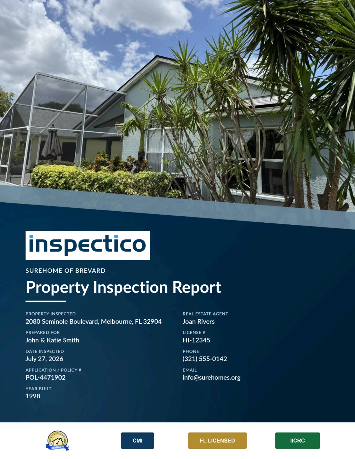 Cover page of a SureHome of Brevard property inspection report — property photograph, SureHome branding, property and agent details, and InterNACHI, CMI, Florida licensed and IICRC credentials