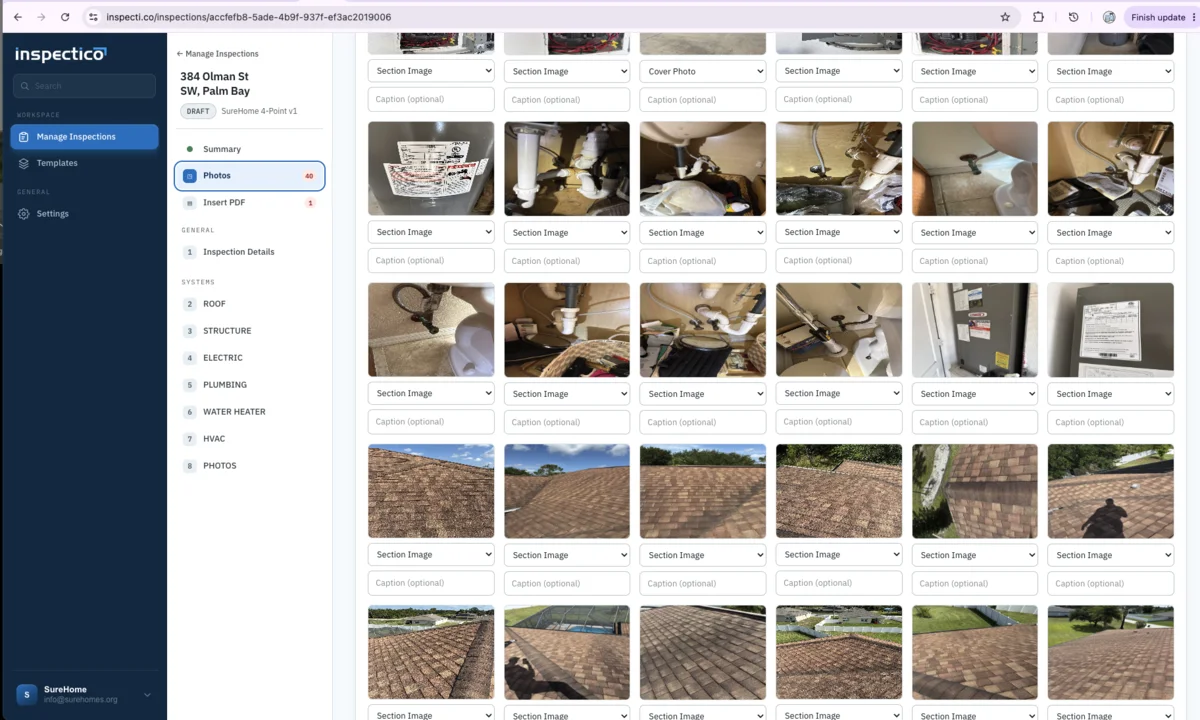 Inspectico web interface at inspecti.co showing a SureHome 4-point inspection with dozens of field photographs being assigned to report sections