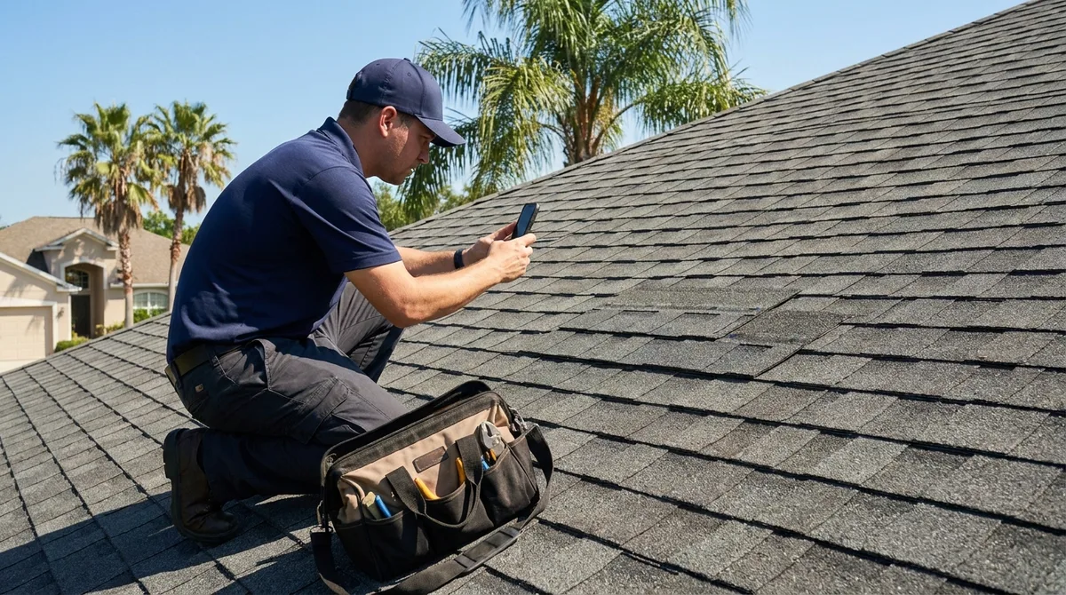 Home inspector kneeling on an asphalt shingle roof photographing shingle condition during a Florida wind mitigation inspection