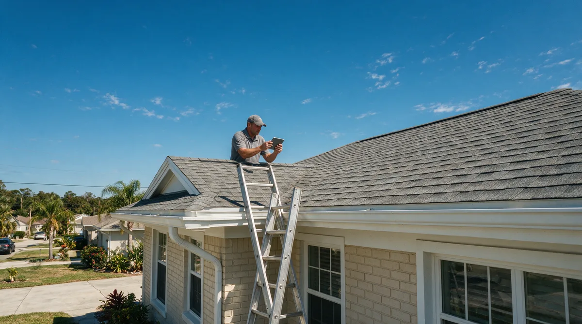 Home inspector on an aluminum extension ladder at the eave of a single-story Florida house, documenting the shingle roof edge and gutter line with a tablet