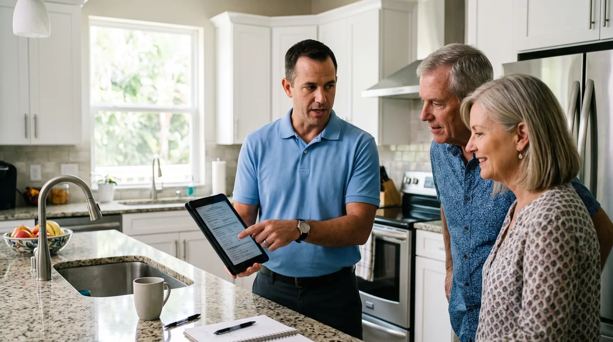 Home inspector standing at a kitchen island showing an inspection report on a tablet to a homeowner couple in a bright Florida kitchen