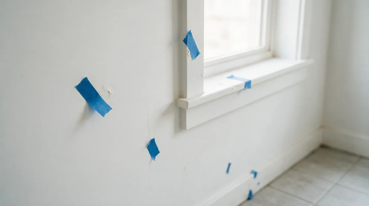 Strips of blue painter's tape marking small paint defects and a fine hairline crack on a freshly painted white interior wall and window trim in an unfurnished new home
