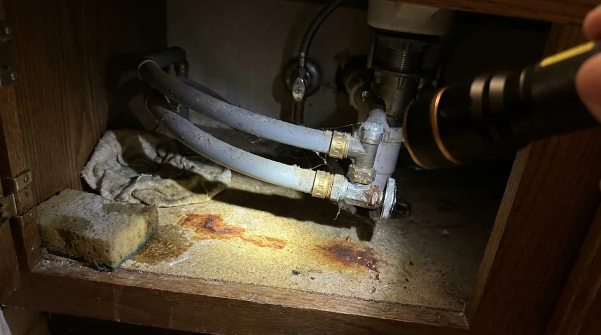 Grey polybutylene water supply lines with brass crimp fittings under a bathroom sink cabinet, showing corrosion staining on the cabinet floor