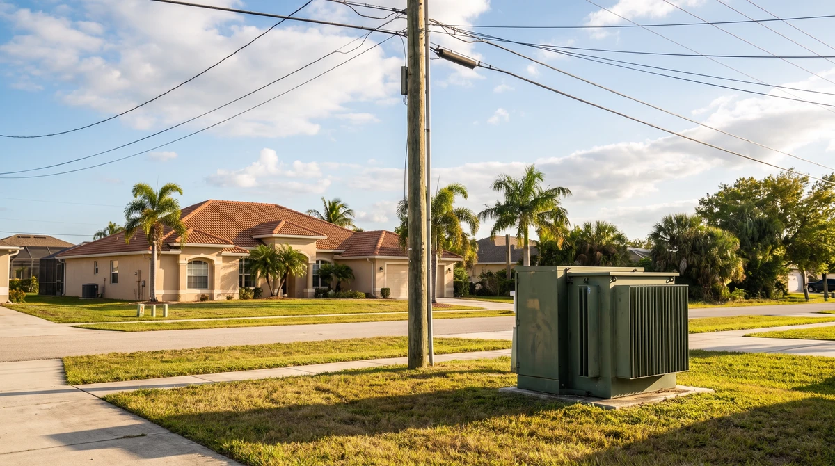 Overhead utility distribution lines on a pole and a green pad-mounted transformer at the front property line of a single-story Florida stucco home with a tile roof