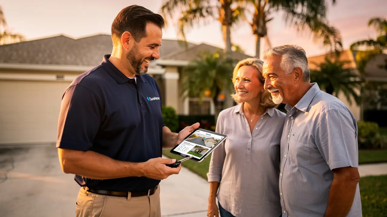 roof inspector reviewing findings with melbourne fl homeowner