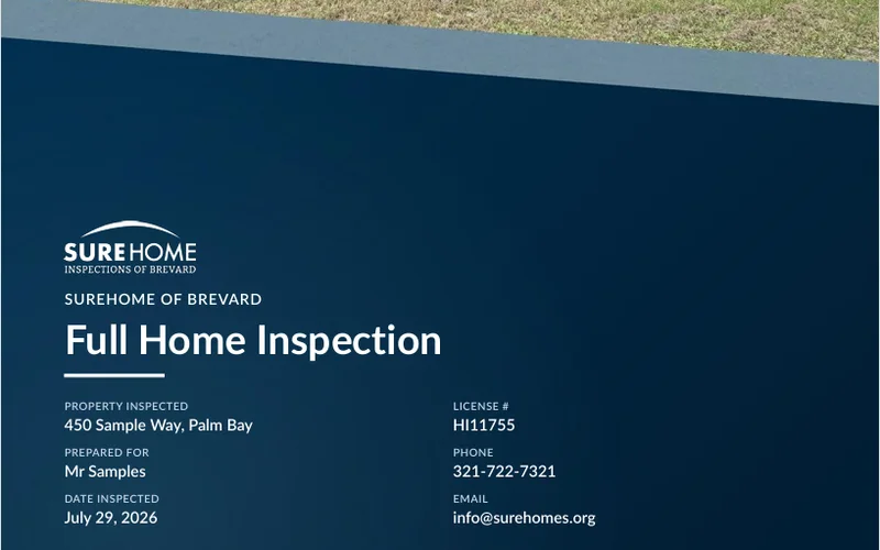 Cover page of a SureHome of Brevard Full Home Inspection sample report