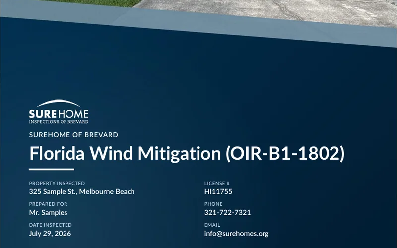 Cover page of a SureHome of Brevard Wind Mitigation sample report