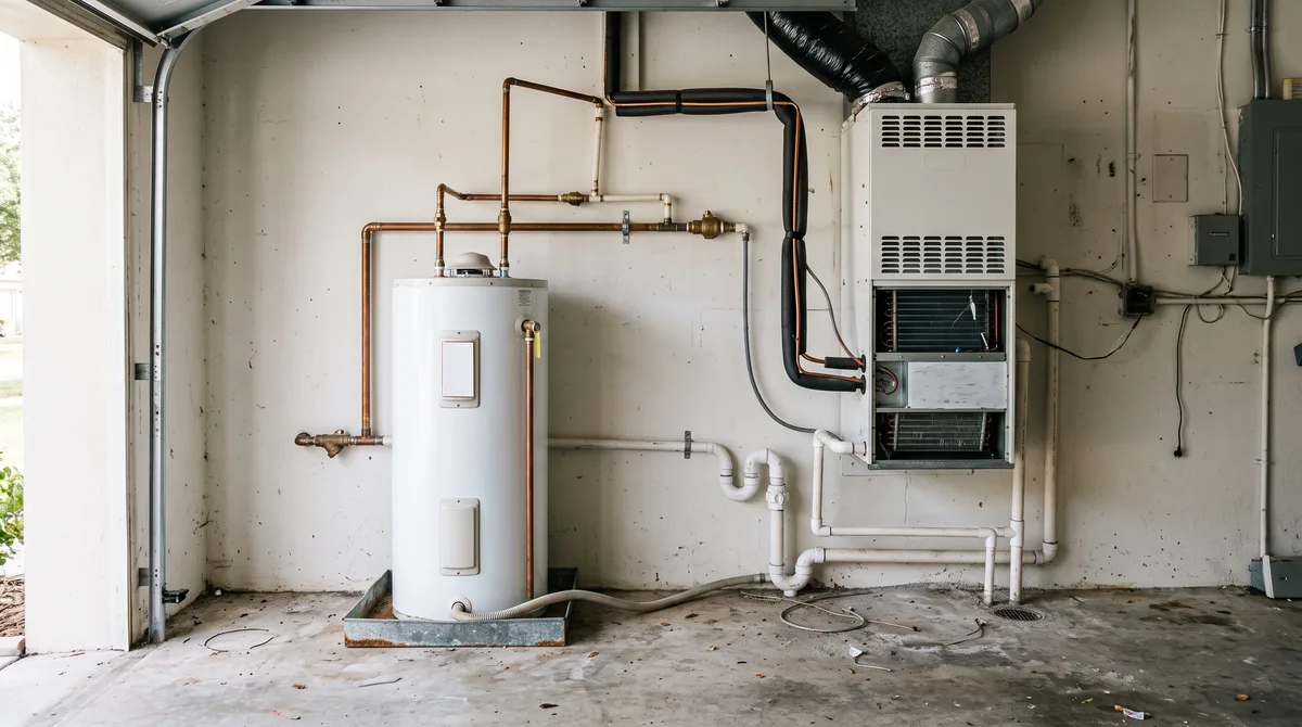 Electric water heater on a metal drip pan beside a vertical HVAC air handler with copper supply lines and PVC condensate piping in a Florida garage