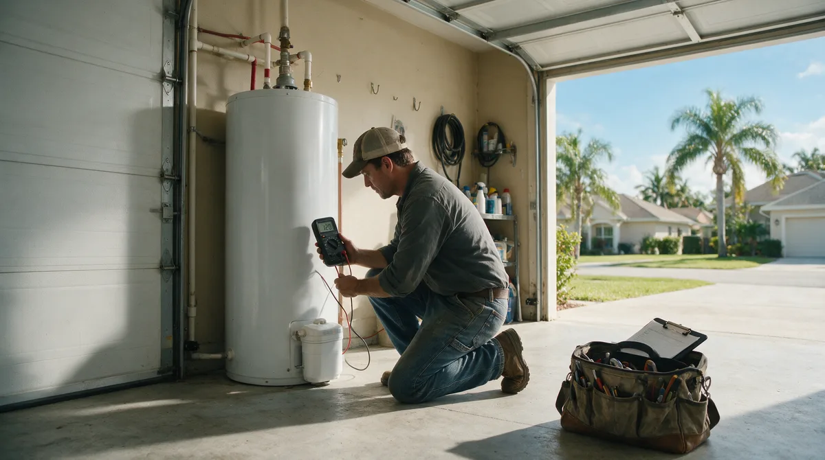 Tradesperson kneeling beside a water heater in a Florida garage taking a meter reading, with an open tool bag and clipboard on the concrete floor and a sunlit street beyond the open garage door